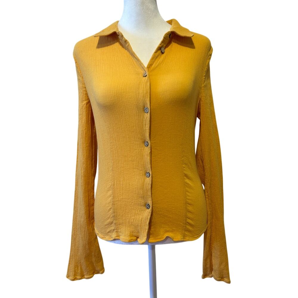Free People Ribbed‎ Button Up Top Size S Collar Marigold Yellow Preppy Boho NWOT